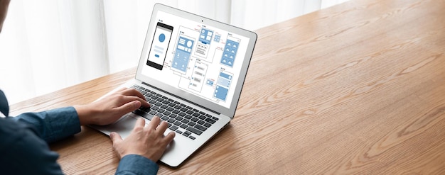 Foto processo de design de interface do usuário ux para aplicativo móvel moderno e site protótipo criativo de wireframe para desenvolvedor de aplicativos profissional