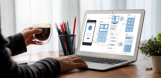 Processo de design de UX para aplicação móvel e site Modish Protótipo criativo de wireframe para desenvolvedor de aplicativos profissional