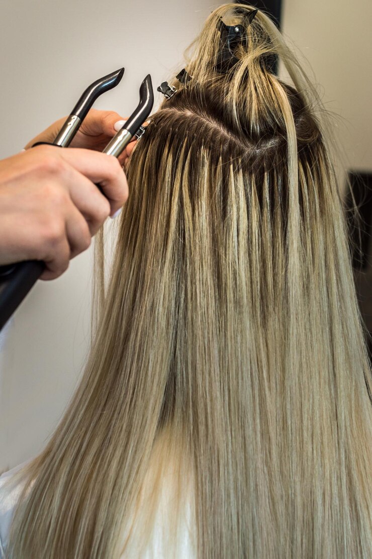 Processo de extensão de cabelo de uma jovem em um close-up de salão de beleza.