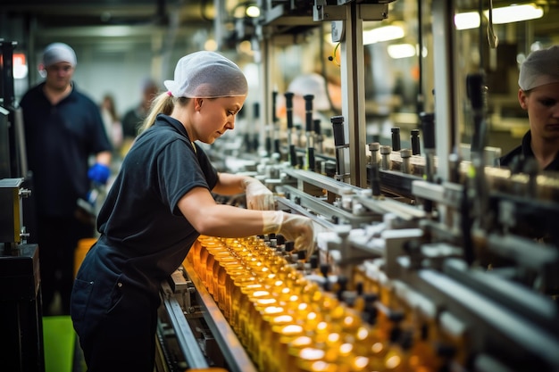 Processo de fabricação de bebidas em uma esteira transportadora em uma fábrica