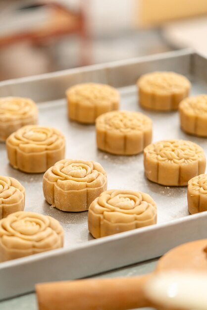 Processo de fabricação de bolo de lua Um bolo de lua é um produto de padaria chinês tradicionalmente