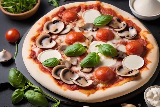 Foto processo de fabricação de pizza pizza pepperoni italiana com cogumelos tomates ruccola