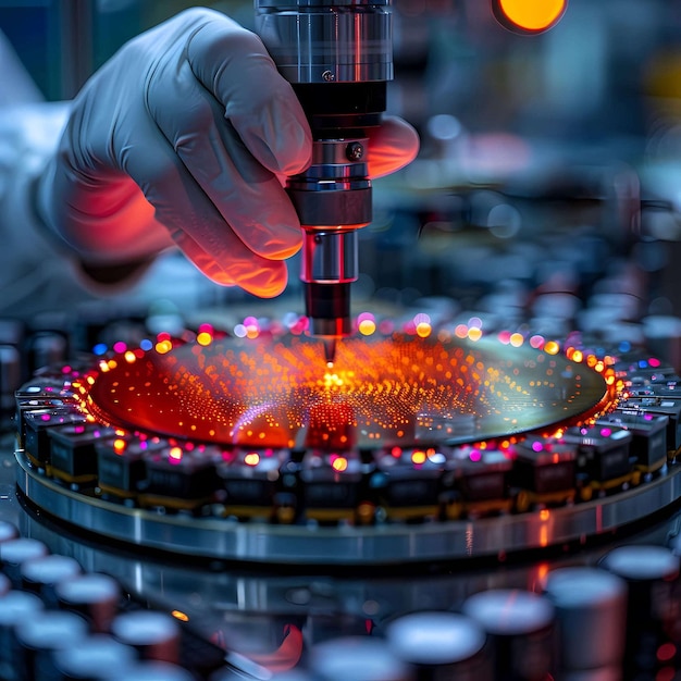 Foto processo de fabricação de semicondutores de alta precisão em condições de sala limpa