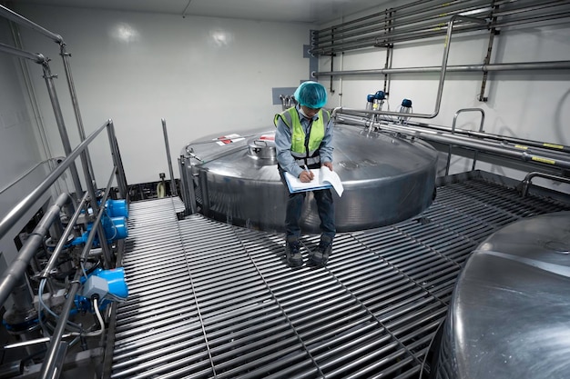 Processo de inspeção de trabalho masculino tanques de aço inoxidável e tubo com medidor de pressão na instalação de tanque de equipamento para adega de leite no tanque de mistura vertical de aço inoxidável