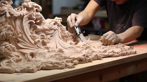Foto processo de produção de escultura artística em madeira ia gerativa