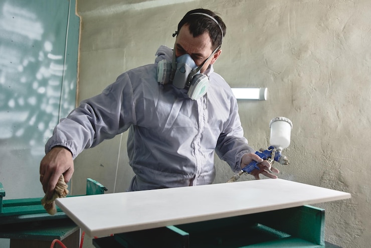 Foto processo de produção e fabricação de móveis de madeira na fábrica trabalhador de macacão pinta madeira com spray de tinta