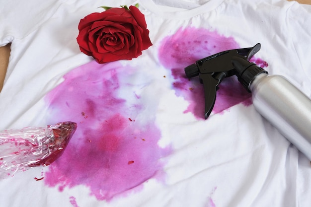 Processo de tingimento de roupas com pétalas de rosa usando uma prensa sobre conjunto de camiseta branca para fixação e impressão de corante natural