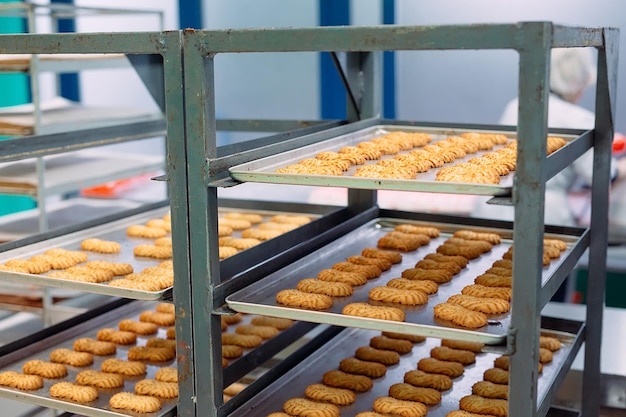 Produção de biscoitos amanteigados em uma fábrica de confeitaria.