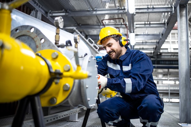 Produção de petróleo e gás na refinaria e trabalhador profissional fazendo inspeção de tubos