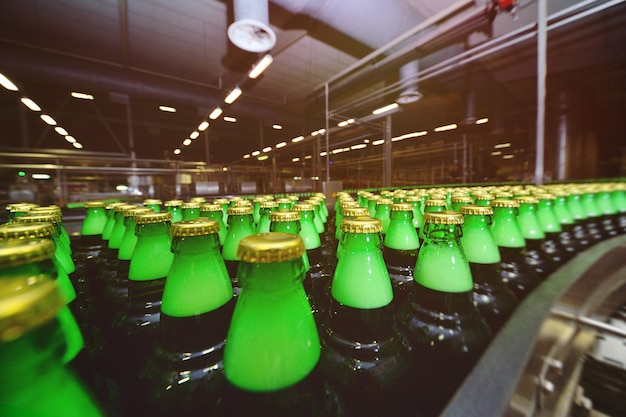 Producción alimentaria industrial de cerveza. Botellas de cerveza de vidrio verde en una cinta transportadora en el fondo de una cervecería.