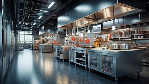 Producción de alimentos a gran escala dentro de una cocina central industrial masiva con IA generativa