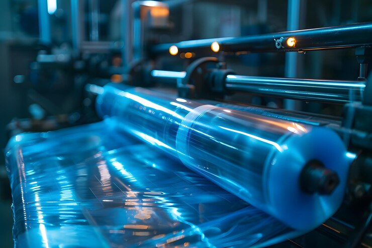 Producción de alta tecnología de película plástica transparente en una fábrica moderna