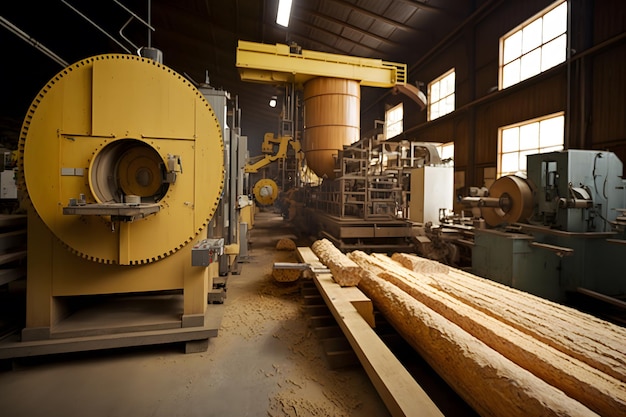 Producción de aserradero de carpintería y procesamiento de tableros de madera en una línea de montaje de fábrica industrial moderna en producción Arte generado por redes neuronales