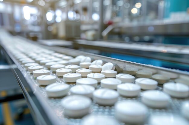 Producción y envasado de pastillas blancas en una fábrica farmacéutica