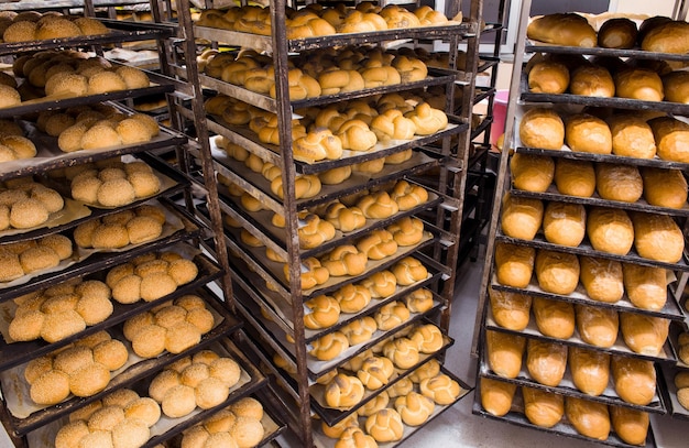 producción de fábrica de alimentos de panadería de pan con productos frescos prepárese para moverse en el estante
