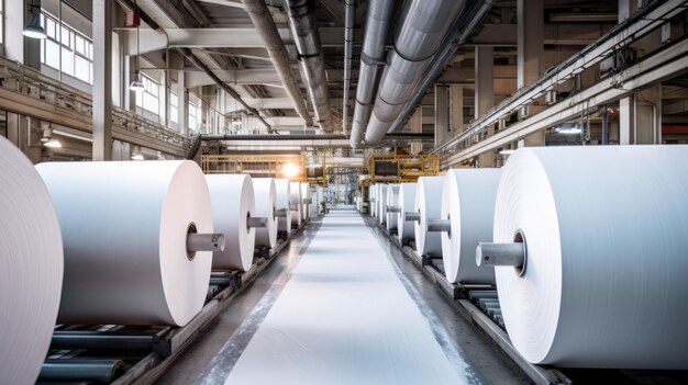 Producción en fábrica de grandes rollos de papel.