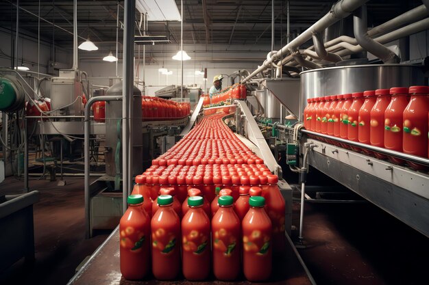 Foto producción industrial generativa de tomates y pasta de tomate
