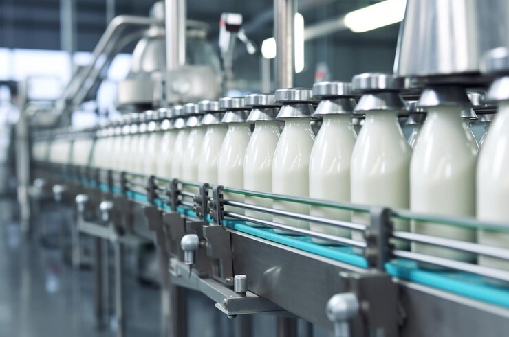 Producción de leche en la fábrica Botellas de vidrio con leche Generativo ai