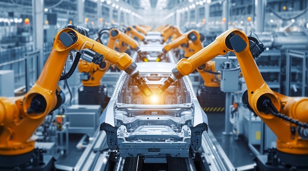 Producción de línea de ensamblaje de cinta transportadora de fábrica de automóviles con robots e inteligencia artificial