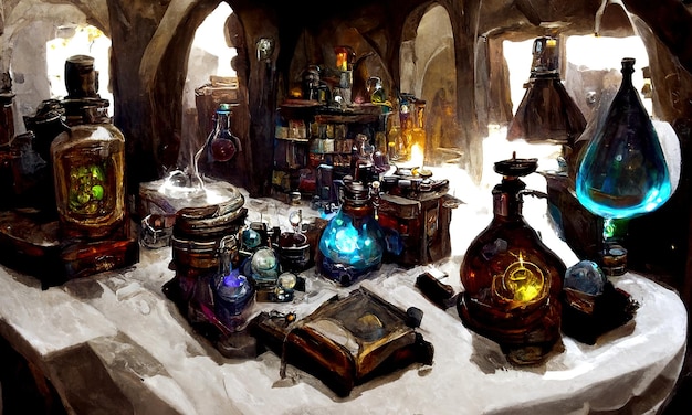 Producción de mesa de alquimista de pociones mágicas y elixir Botellas y frascos de colores están sobre la mesa del mago alquimista Cuento de hadas de fantasía Ilustración 3d