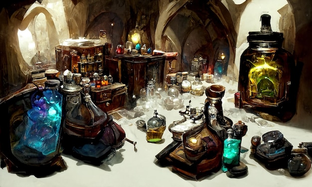 Producción de mesa de alquimista de pociones mágicas y elixir Botellas y frascos de colores están sobre la mesa del mago alquimista Cuento de hadas de fantasía Ilustración 3d