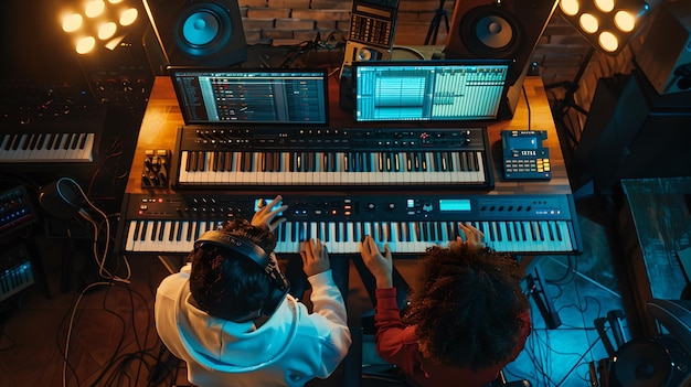 Producción de música en acción Músicos trabajan en la creación de audio Configuración de estudio en casa con teclados y monitores Capturando el proceso creativo IA