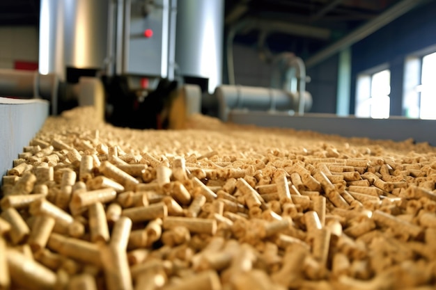Producción de pellets de madera de biomasa biocombustible en la planta. Los residuos de madera agrícola y forestal se convierten en combustible para calefacción y electricidad. Reducción de residuos y apoyo a soluciones de energía limpia.