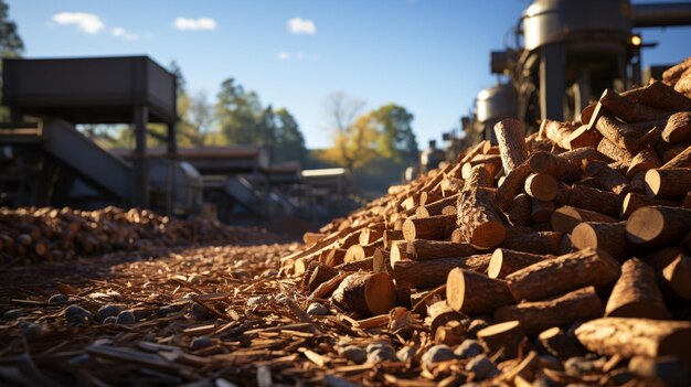 Foto producción de pellets de madera de biomasa biocombustible en la planta.