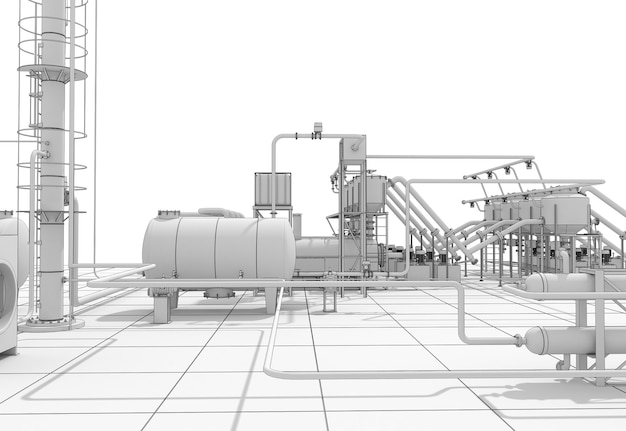 Producción química, planta de procesamiento de residuos, visualización exterior