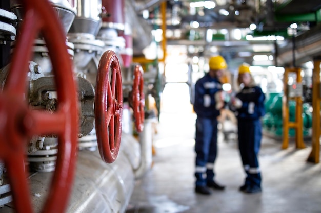 Foto producción de refinería de petróleo y gas gasoducto y trabajadores en segundo plano.