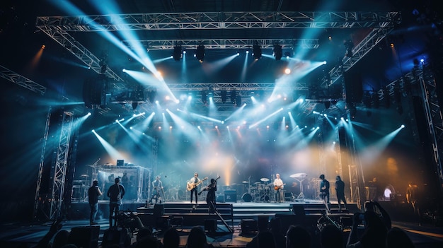 Una producción en vivo en un lugar en vivo Equipo de aparejo en el escenario Iluminación y sistemas de PA