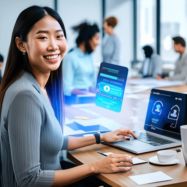 Produce una imagen realista con una joven mujer de negocios trabajando en su computadora portátil