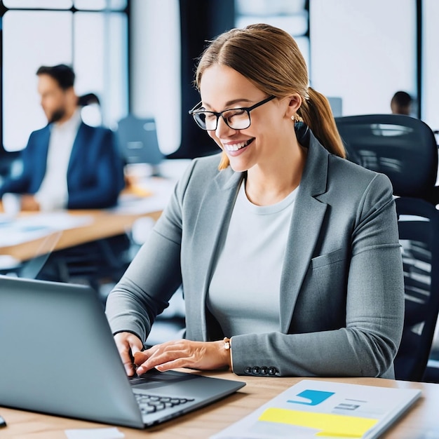 Produce una imagen realista con una joven mujer de negocios trabajando en su computadora portátil