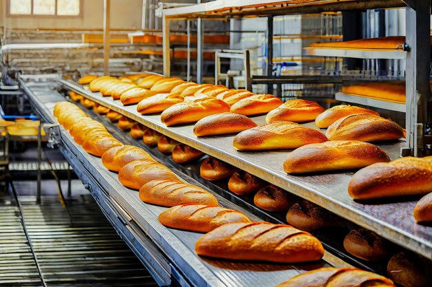 Foto produce pan recién horneado utilizando un horno de cinta transportadora de línea de producción automatizada en una panadería