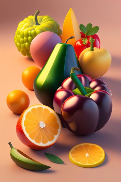 Producir un bodegón lowpoly de frutas y vegetales.