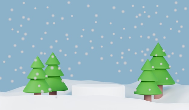 Product Podium Snow Scene com Pine Tree3D illustration