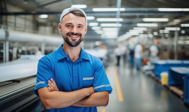 Productividad alegre Un empleado feliz inmerso en el trabajo rodeado de una línea de producción visible