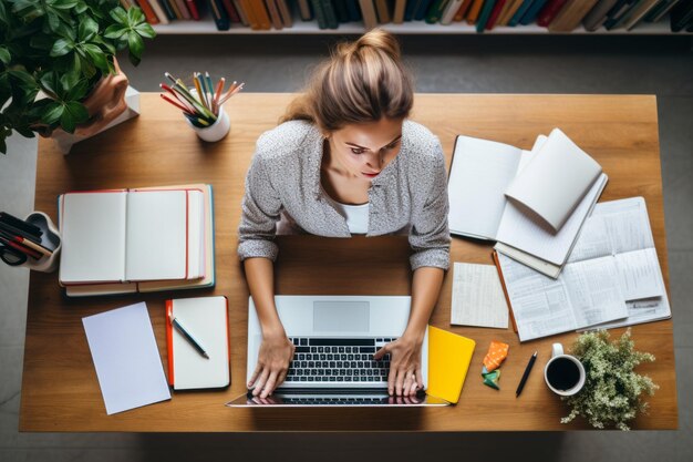 Foto productividad eficiente una exploración de topview de una mujer trabajando asiduamente en su portátil en un