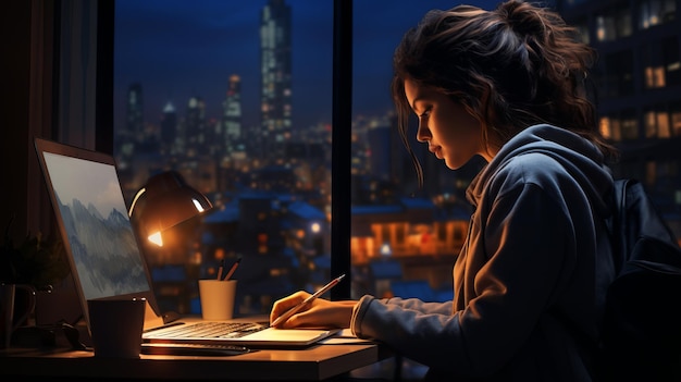 Productividad nocturna Joven empresaria escribiendo en la computadora portátil en la oficina en casa IA generativa