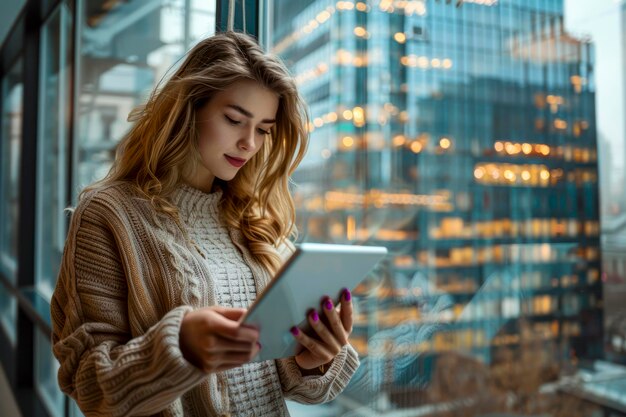 Productividad del paisaje urbano Joven mujer de negocios multitarea con tableta por la ventana con vistas a rascacielos