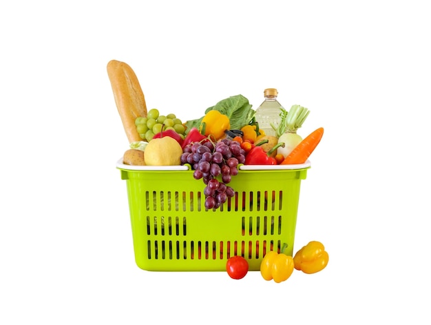 Producto de comestibles de frutas y verduras frescas en cesta de compras verde aislado sobre fondo blanco