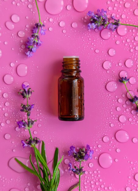 Producto cosmético con aceite esencial de lavanda Enfoque selectivo