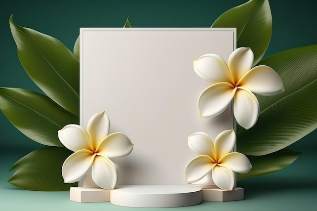 Producto cosmético de belleza natural fondo de pedestal blanco Plumeria flores tropicales
