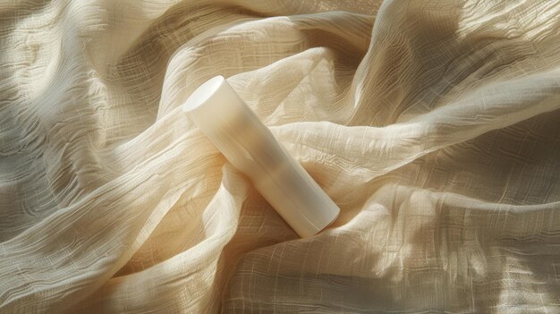 Un producto cosmético blanco sobre un fondo de tela de lino