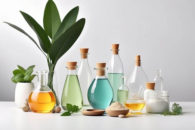 Foto producto cosmético ecológico ingredientes naturales y vidrio de laboratorio en espacio blanco para el texto