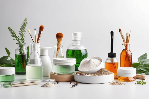 Producto cosmético ecológico ingredientes naturales y vidrio de laboratorio en espacio blanco para el texto