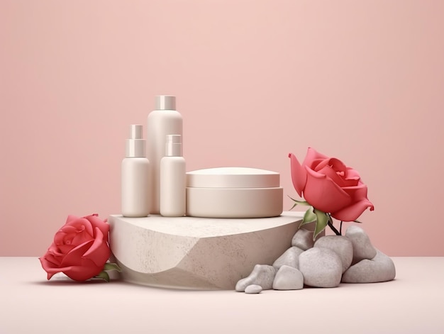 Producto cosmético con maqueta abstracta de flores rosas