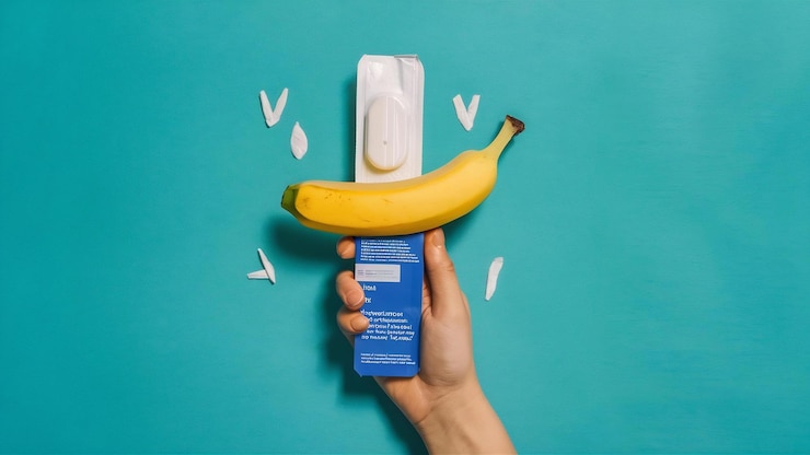 Foto producto eficaz para prevenir el embarazo para su seguridad paquete de condón abierto con un plátano