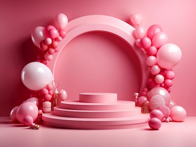 Foto producto de escena de podum rosado de san valentín con fondo de ornamento de globo