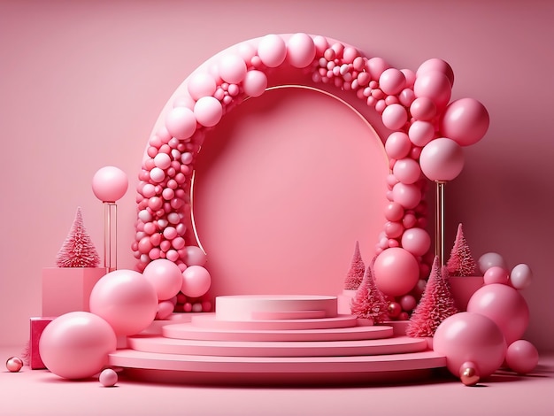 Producto de escena de podum rosado de San Valentín con fondo de ornamento de globo
